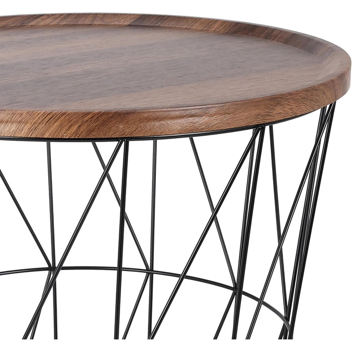 Журнальний столик Spetebo з металевим дротяним кошиком 39 см - Чорний - Стіл-кошик з коричневою стільницею під дерево - Невеликий декоративний столик з кошиком для зберігання, журнальний столик, декоративний столик з відділенням для зберігання