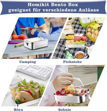 Ланчбокс Homikit з роздільниками, 1400 мл, нержавіюча сталь. Бенто-бокс для дітей та дорослих, герметичний металевий контейнер з ущільнювачем для школи, офісу, пікніка. Можна мити в посудомийній машині.