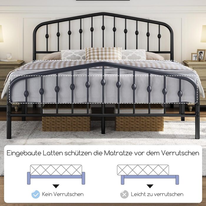 Каркас ліжка Yaheetech 160 x 200 см, вінтажне металеве ліжко з узголів&39ям у формі корони, міцний каркас двоспального ліжка з металу, надійне та легке складання, гостьове ліжко, дитяче ліжко, кушетка, чорний колір 160 x 200 см