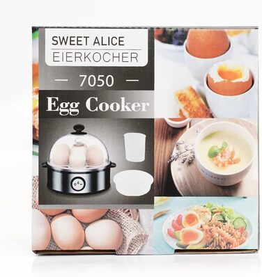 Солодка Alice Egg Cooker з нержавіючої сталі, переможець тесту яйцеварки, яйцеварка на 1-7 яєць з налаштуванням рівня твердості, світлова індикація автоматичного вимкнення, мірна чашка, захист від перегріву, без бісфенолу А, 360 Вт