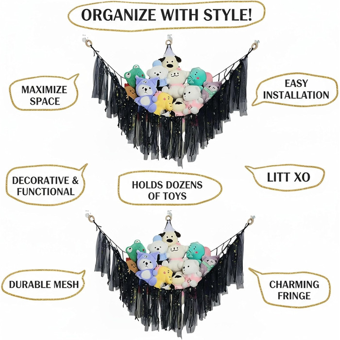 Гамак-іграшка з 2 м&39якими іграшками зі світлодіодними лампами, сітка для зберігання в дитячій кімнаті для організації плюшевих іграшок, декоративна підвісна сітка для декору спальні (чорний) Schwarz