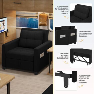 Крісло-ліжко Yaheetech з функцією ліжка 3-в-1, розкладний диван-ліжко, трансформоване крісло-ліжко, регульоване одномісне крісло з бічною кишенею, спальна зона 190 x 71,5 см, для невеликих приміщень, чорний колір