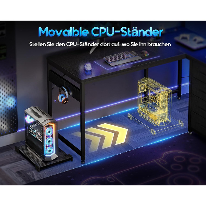 Ігровий стіл Coleshome зі світлодіодним освітленням, 130 x 100 см, двосторонній ігровий стіл з шухлядами та розетками, кутовий стіл з відділенням для зберігання та місцем для зберігання, чорний 130 x 100 см, чорний