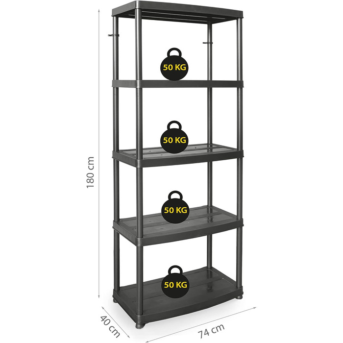 Пластиковий стелаж - з 5 полицями - висота 180 см, ширина 74 см - виготовлений з міцного пластику - для підвалу, гаража, комори, саду - до 50 кг/полиця - вставний стелаж - Чорний 180x74x40 см