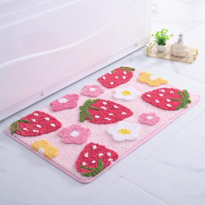 Рожевий килимок для ванної кімнати з полуницею, нековзний килимок для ванної, що миється, барвистий килимок для ванної, м&39який килимок для душу з мікрофібри, абсорбуючий килимок для ванної кімнати 50 x 80 см (прямокутний), рожевий
