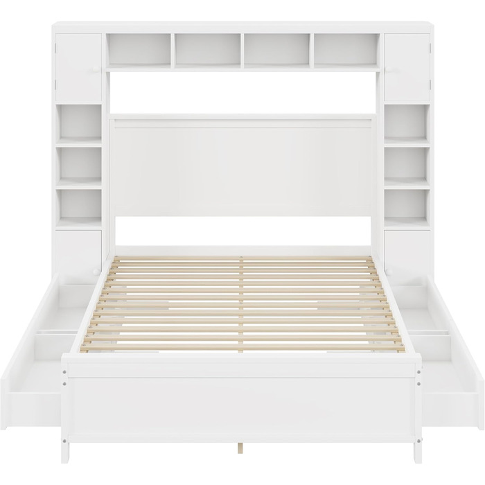 Настінне ліжко 140x200, настінне ліжко з рейковою основою, ліжко-мерфі з 4 шухлядами та великою шафою для зберігання, ліжко з масиву дерева, двоспальне ліжко, каркас ліжка (білий) A-white