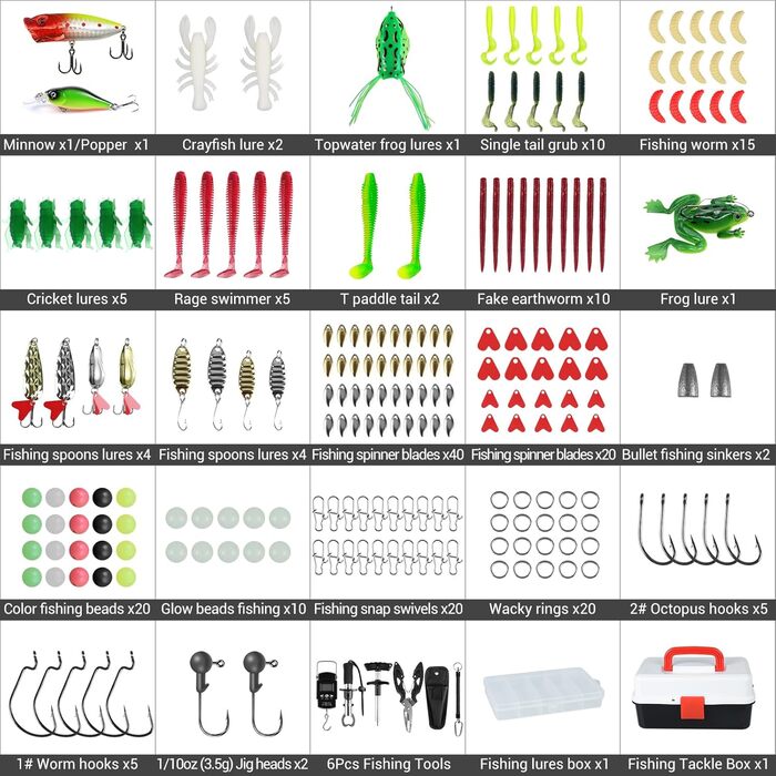 Набір рибальських снастей з 213 предметів з приманками, коробка для снастей на 3 полиці з аксесуарами, рибальський набір, що включає приманки, вантажі, гачки, рибальські плоскогубці, рибальське спорядження для лову окуня та форелі, подарунок рибалці для д