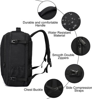 Рюкзак для ручної поклажі 55x40x20 см, місткість 44 л, великий дорожній рюкзак, ручна поклажа 55x40x20 см, дорожня сумка 55x40x20 см, рюкзак для 18-дюймового ноутбука, чорний, Lufthansa 55x40x20 см - 44 л