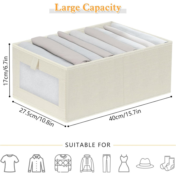 Набір із 4 органайзерів для гардеробу, коробки-органайзери для шафи з прозорими шухлядами, складні коробки для зберігання, 42 x 27,5 x 17 см, для штанів, сорочок, одягу, бежевий стиль 1 4L