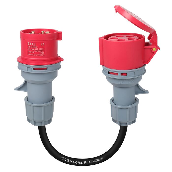 Перехідник CEE з вилки 32A на розетку 16A, високострумовий адаптер із захисною кришкою, 3 фази, 5 контактів, 50 см, водонепроникний IP44, підходить для промислового та побутового використання (32-16)