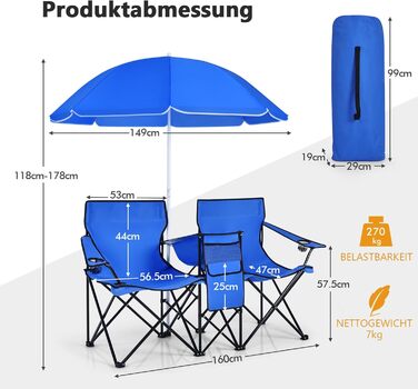 Крісло для кемпінгу COSTWAY на 2 особи з сонцезахисним тентом, сумкою-холодильником, тримачем для напоїв та бічною кишенею, складне рибальське крісло з сумкою для перенесення, складне крісло для кемпінгу, риболовлі, пікніка (темно-синє)