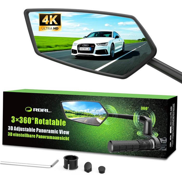 Велосипедне дзеркало RBRL Регульоване 3D для панорамного огляду Поворотне на 360 та складне Ударостійке дзеркало заднього виду з натурального скла Міцне компактне дзеркало на кермо для велосипедів та електровелосипедів (ліве)