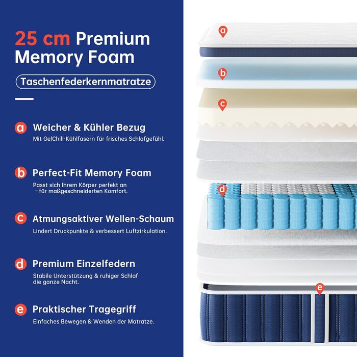 Матрац TeQsli з гелевим пружинним покриттям 140x200 см Висота 25 см Гелевий пружинний матрац з піною з ефектом пам&39яті для зняття тиску, ортопедичний та ергономічний 9-зонний матрац, сертифікований H3, Oeko-Tex та CertiPUR 25 см 140x200x25 см