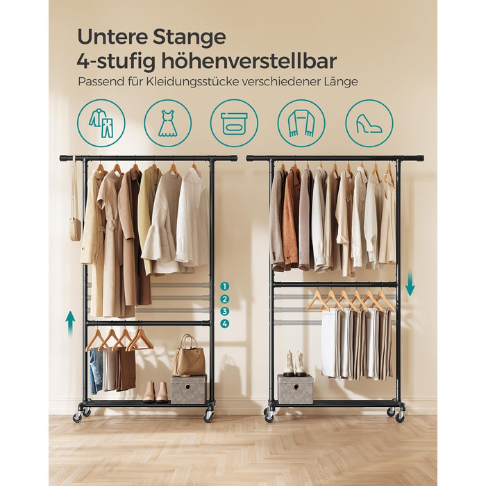 Вішалка для одягу в індустріальному стилі, вантажопідйомність до 110 кг, шафа-стійка на колесах, 2 шт. анги для одягу, виготовлена з металу, міцна, для демонстрації в магазині, чорна HSR62BK