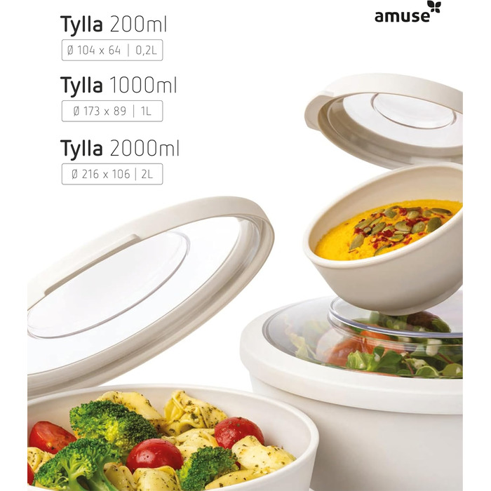 Набір з 3 мисок Amuse Tylla (200 мл, 1000 мл, 2000 мл) Герметичні контейнери для зберігання їжі з кришками для приготування їжі Контейнери для зберігання їжі без бісфенолу А для дітей та дорослих, можна мити в посудомийній машині Набір з 3 вугільних чашок