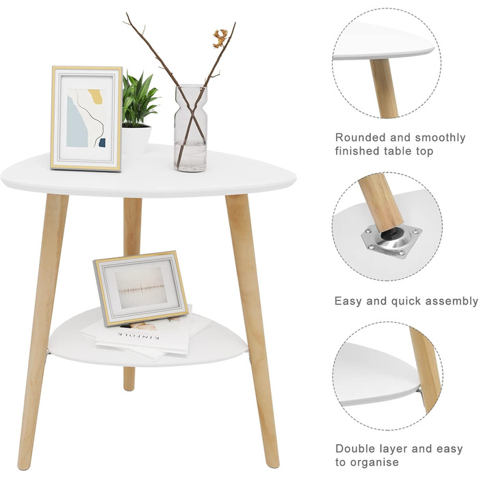 Приставний столик Диванний столик Журнальний столик Тумбочка Тумбочка біля ліжка Журнальний столик з 2 полицями Дерев&39яні ніжки МДФ 50x40x55 см Білий