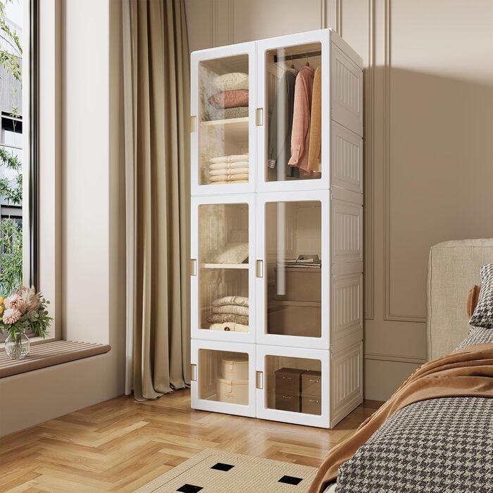 Біла шафа, складна шафа для зберігання речей з вішалкою для одягу, багатофункціональна шафа для спальні, вітальні, квартири, дуже легке складання (170x50x69см)