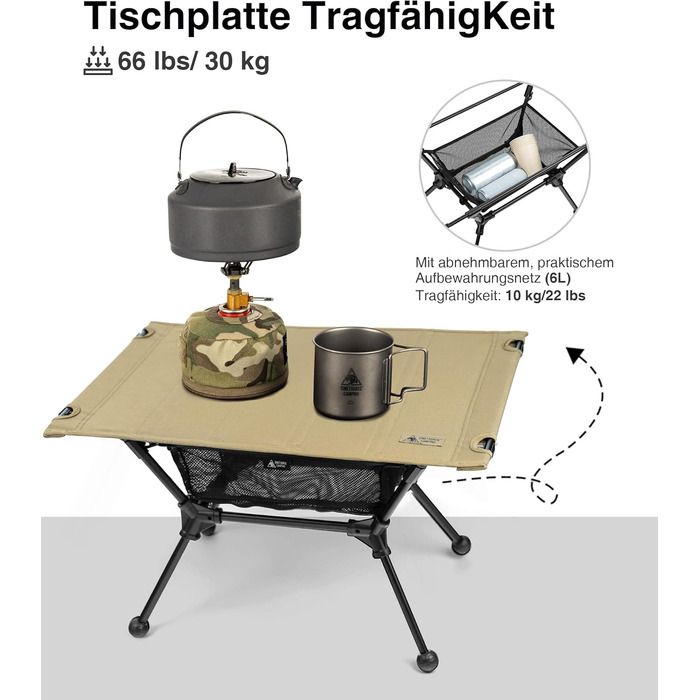 Складаний кемпінговий стіл OneTigris Dipper, складаний кемпінговий стіл з сумкою для перенесення та сітчастою кишенею, маленький надлегкий вуличний стіл для риболовлі та походів, 60 x 40 x 37 см, колір койот коричневий