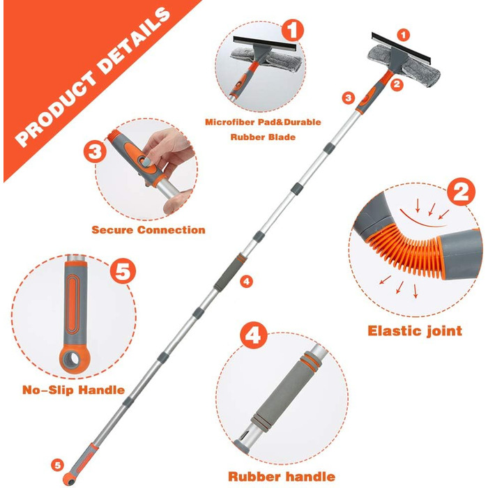 Професійний очищувач склоочисників, Душовий склоочисник 2-в-1 з подовжувачем 266CM'', Телескопічний омивач вікон, Інструменти для миття скла для високих вікон всередині та зовні