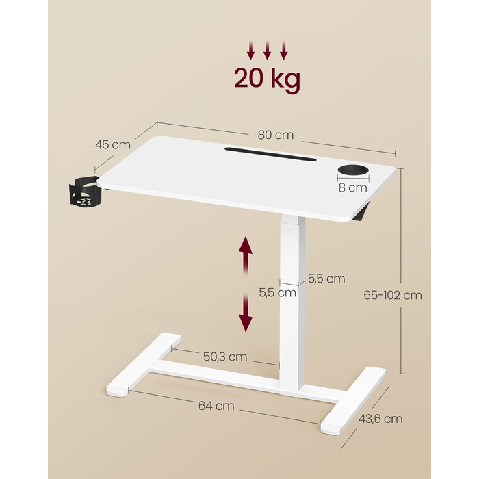 Журнальний столик VASAGLE з колесами, мобільний стоячий столик, стільниця 80 x 45 см, регульована висота, 2 підсклянники, відділення для мобільного телефону або планшета, хмарно-білий LSD601W01 80 x 45 см хмарно-білий