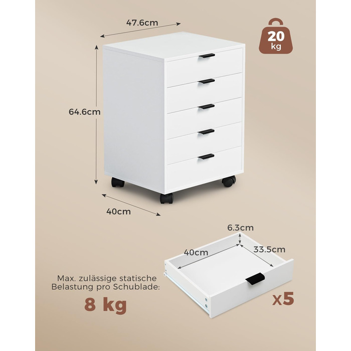 Шафа з шухлядами, контейнер на колесах, мобільна шафа для документів з 5 шухлядами, шафа під письмовим столом, офісний комод для домашнього офісу, білий 40 x 47,6 x 64,6 см