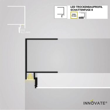 Профіль для гіпсокартону INNOVATE 2m LED Shadow Gap 8 з кришкою Алюмінієвий світлодіодний профіль для освітлення бухти в гіпсокартонному будівництві Алюмінієвий профіль для світлодіодних стрічок до 6 мм з покриттям молочного кольору