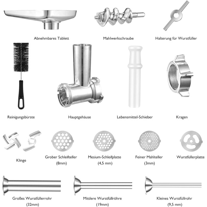 Аксесуари для м'ясорубки AMZCHEF для повільної соковижималки ZM1501 & GM3001 - ZM1501 Аксесуари - GM3001 Аксесуари - Без машини, в комплекті лише аксесуари - 3 леза, 4 ріжучі диски, 3 куточки для начинки ковбаси