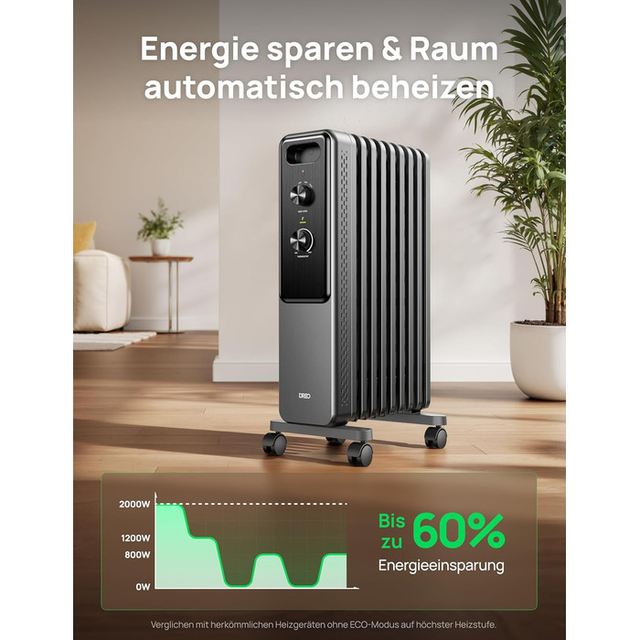 Масляний радіатор Dreo з 9 ребрами, тихий електричний обігрівач потужністю 2000 Вт для спальні, захист від перегріву та перекидання, регульований термостат, блокування від дітей, енергозбереження