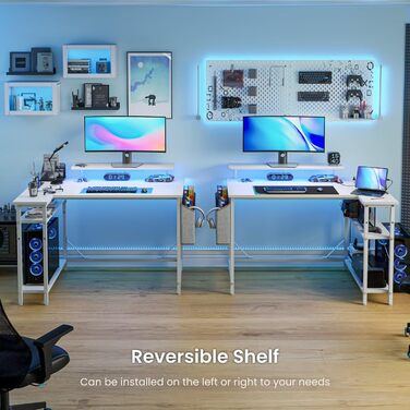 Г-подібний ігровий стіл зі світлодіодним підсвічуванням та розетками, 140 x 80 см, кутовий комп&39ютерний стіл з сумкою для зберігання, регульованими полицями та великою підставкою для монітора, для домашнього офісу, білий колір 140 x 80 см