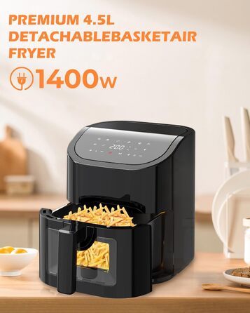 Фритюрниця EUARY Hot Air Fryer 4.5 л Фритюрниця з 8 програмами, фритюрниця з книгою рецептів німецькою мовою, фритюрниця гаряче повітря без жиру, фритюрниця з книгою рецептів німецькою мовою. 4,5 л