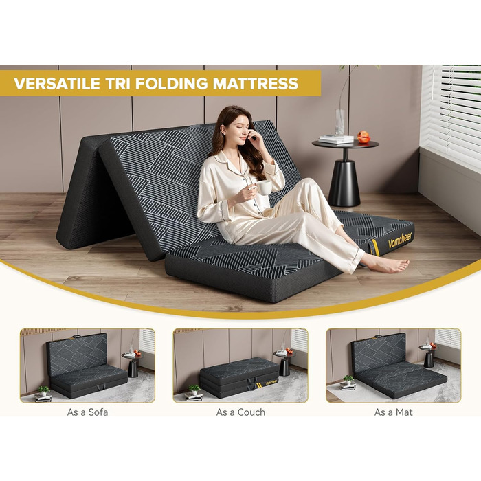 Складаний матрац Vamcheer, надзвичайно товстий гостьовий матрац - 15 см, 3-секційний складний гостьовий матрац з гелевої піни, для дорожнього ліжка, дорослих, кемпінгу, підлоги, гостьового ліжка (сірий, 90 x 200 x 15 см) 90x200x15