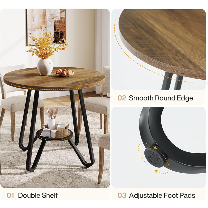 Круглий обідній стіл Tribesigns з полицями, кухонний стіл промислового типу 80 см для 2-4 осіб, маленький журнальний столик для кухні, офісу, квартири, коричневий (лише стіл)