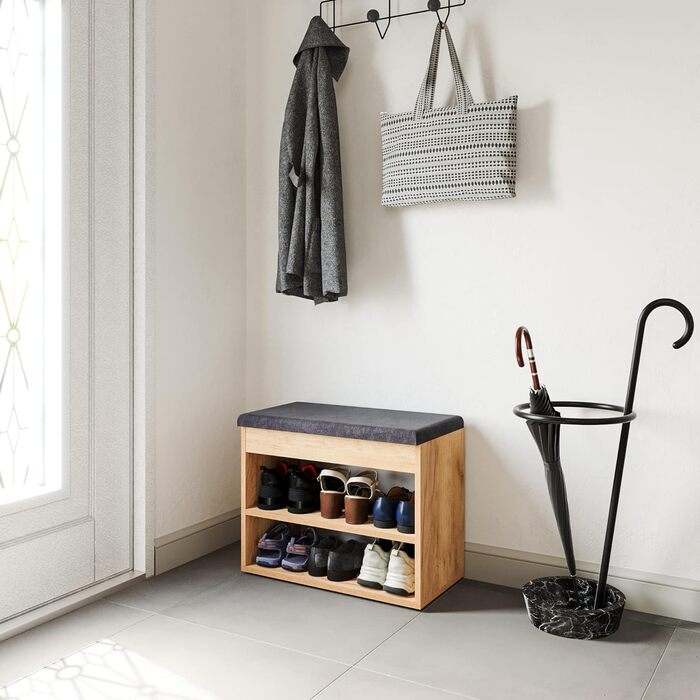 Лавка для взуття KOMTO з сидінням - Полиця для взуття Лавка з місцем для зберігання Медовий дуб 60 x 48 x 32 см Маленька шафка для взуття з лавкою Лавка для передпокою Гардеробна лавка Sofia Медовий дуб Оббивка сіра 60 x 48 x 32 см