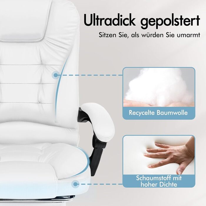 Офісне крісло ALFORDSON з ергономічною поперековою опорою, письмове крісло з підлокітниками та спинкою, обертове крісло з функцією масажу, матеріал PU, регульована висота, білий колір, штучна шкіра