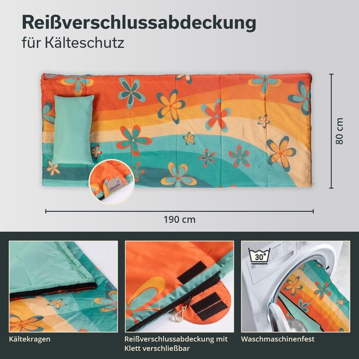 Спальний мішок Skandika Sovro Blanket Вуличний спальний мішок для дорослих, 3 сезони, може використовуватися як подвійний спальний мішок, спальні мішки для кемпінгу з подушкою, теплий спальний мішок для дорослих 190 см Веселка