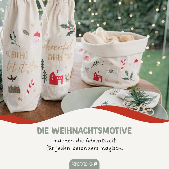 Паперовий кошик для хліба з драконом з вишивкою в бежево-червоному золоті - різдвяний - кошик з полотна - міцний - для зберігання