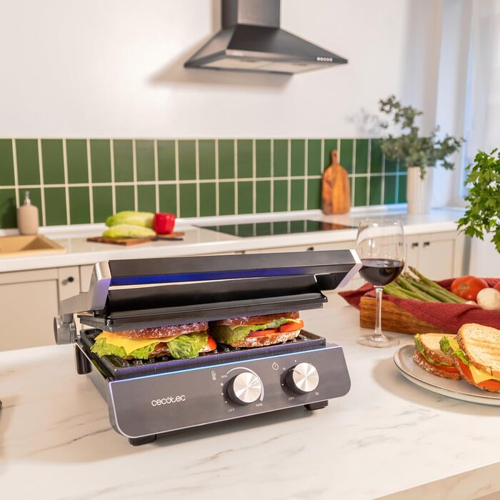 Електричний гриль Cecotec Rock'nGrill Blaze Neon потужність 2200 Вт, розкладна конструкція 180, точне керування з індикатором, знімні панелі, велика поверхня 29 x 23 см