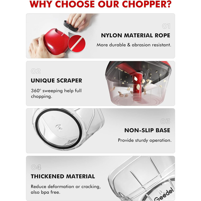 Подрібнювач цибулі Geedel, подрібнювач цибулі зі шківом, ручний подрібнювач овочів з лезами з нержавіючої сталі, мультиподрібнювач