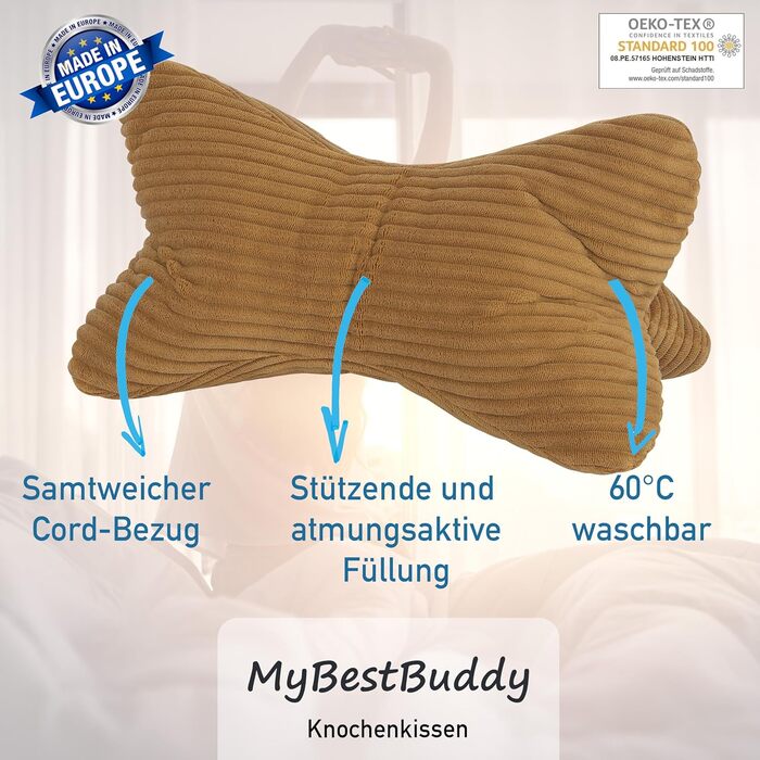 Вельветова золотиста подушка для читання, подушка для шиї, кістяна подушка, валик для шиї, подушка для читання, сертифікована ko-Tex 100 та придатна для прання при 60C - Подушка для шиї, колін або живота для читання або відпочинку - 38x19x19 см