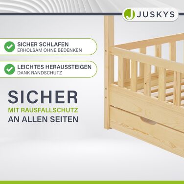 Дитяче ліжко Juskys Marli 90 x 200 см з 2-секційним ящиком для зберігання, захисними поручнями, рейковою основою та дахом - Ліжко-будиночок з масиву дерева для дітей - Ліжко з натурального дерева 90 x 200 см