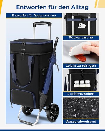 Складний візок для покупок Ytonet з термосумкою, великий водонепроникний візок на міцній основі (55 літрів / 68 кг), 3-в-1 візок-трансформер, сумка-візок та ручна сумка з великими колесами, чорний