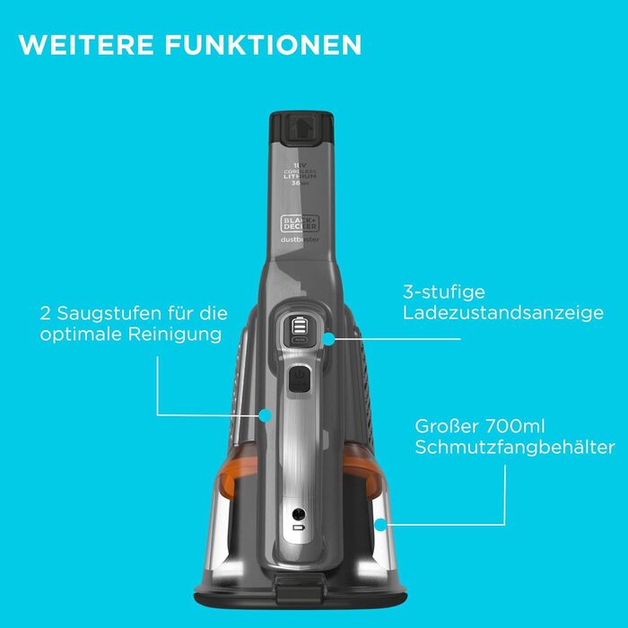 Акумуляторний ручний пилосос BLACKDECKER 18V 2.0Ah зі світлодіодною панеллю Smart Tech, BHHV520JF-QW із зарядним кабелем Titanium/