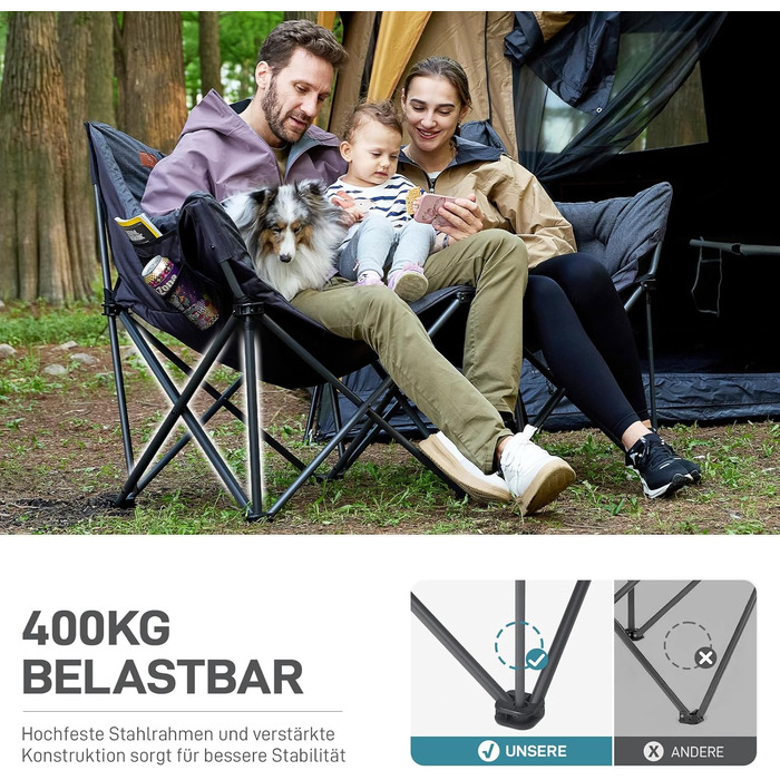 Складаний кемпінговий стілець EVER ADVANCED, ширина 145 см, для 2 осіб, розкладний диван, вантажопідйомність 400 кг, товсто м&39який розкладний стілець, 2-місний, висока спинка, надзвичайно широкий, для використання на вулиці, в саду, на балконі, в приміщ