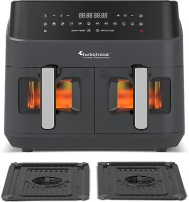 Гаряча аерофритюрниця XXL Подвійна фритюрниця 1600 Вт / 9 л (2 шт. 4.5 л камера) 10 програм Цифрова фритюрниця без жирного масла Подвійна аерофритюрниця Фритюрниця Power Grey