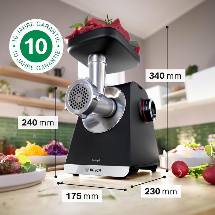 Електрична м'ясорубка Bosch MultiPower Serie 6 MFWS650B, 2100 Вт, нержавіюча сталь, 3 диски (3, 4.5, 8 мм), соковижималка, насадки для ковбас та кеббе, чорна
