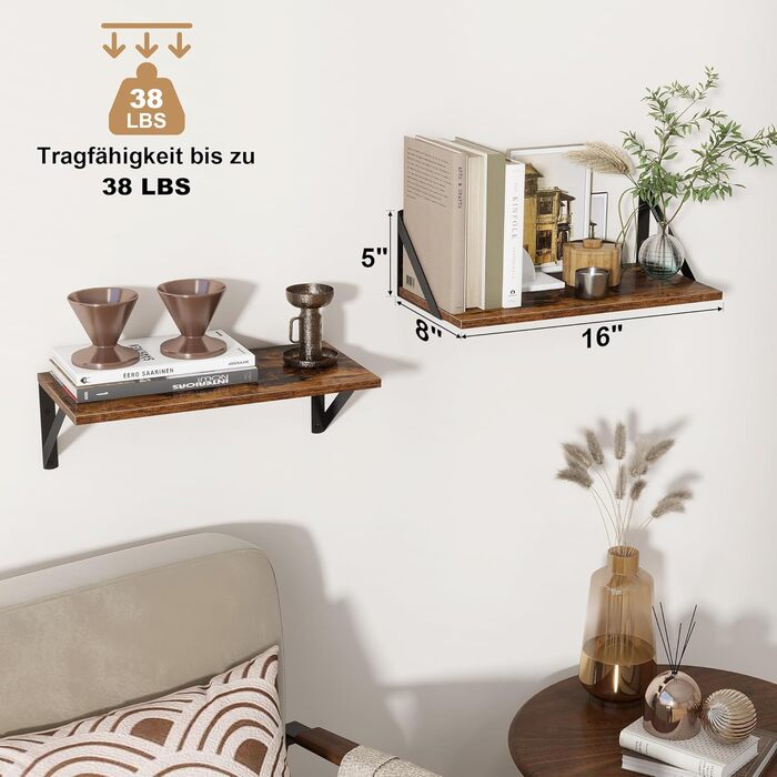 Плаваюча полиця, глибина 20 см, настінна полиця шириною 40 см, комплект із 2 настінних полиць з металевими кронштейнами, книжкова полиця з ДСП для ванної кімнати, вітальні, кухні, вінтажно-коричневий колір, 40 x 20 x 12,5 см