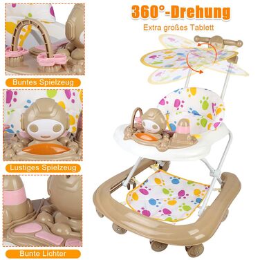 Складані дитячі ходунки Homewell 2-в-1 з сонцезахисним тентом та ручкою для штовхання, регульована висота в 5 положеннях, ходунки з музичною та активною дошкою, дитячі ходунки, діти 624 місяці (хакі)