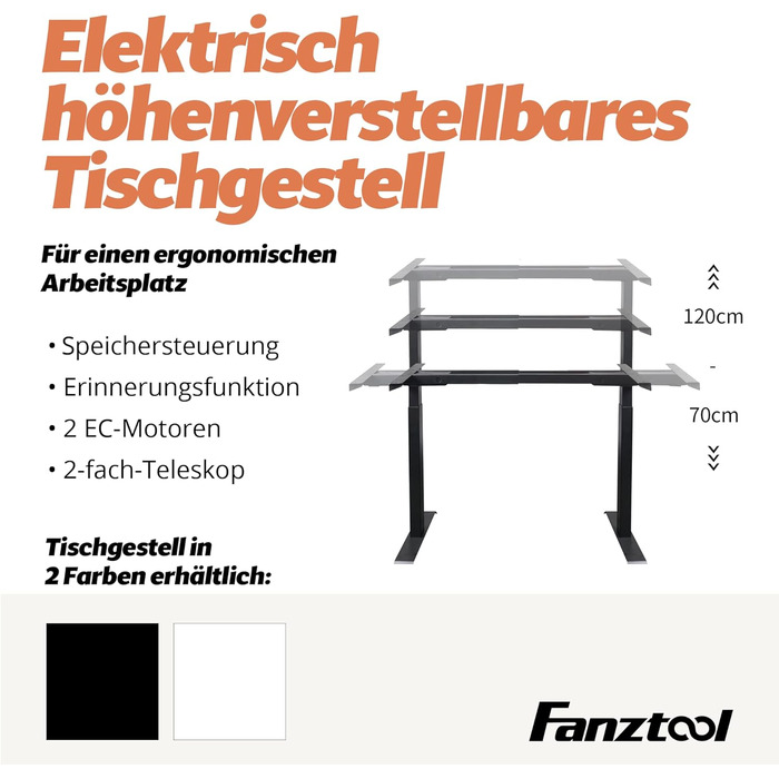 Каркас столу FANZWORK з 2 двигунами Bosch, вантажопідйомність до 100 кг, електричне регулювання висоти, функція пам&39яті, USB-C, кабельний лоток, чорний
