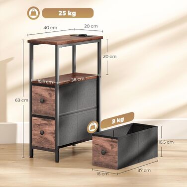 Журнальний столик HOMCOM, приставний столик із зарядною станцією, сталевий каркас, вузький столик для вітальні з 2 тканинними шухлядами, відкритим відділенням, розеткою, портами USB та USB-C, журнальний столик для вітальні, рустикальний коричневий