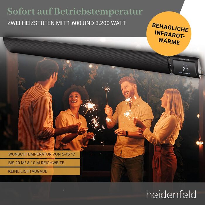 Темний радіатор Heidenfeld DH700 3-СВІТЛОВИЙ ДИСПЛЕЙ - Керування за допомогою застосунку - 3200 Вт - Інфрачервоний обігрівач - Радіаційний обігрівач - Опалення - Обігрівач для патіо - Темний радіаційний обігрівач площею до 20 м (чорний)